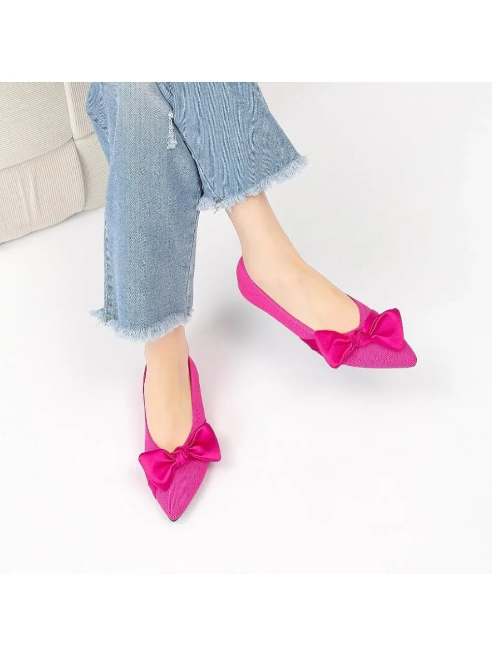 Women's Pink Mesh Pointed Toe Ballet Slip On Comfortable  Flats with Bow Shoes
